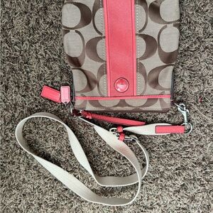 Coach Brown Canvas Crossbody with Pink Trim